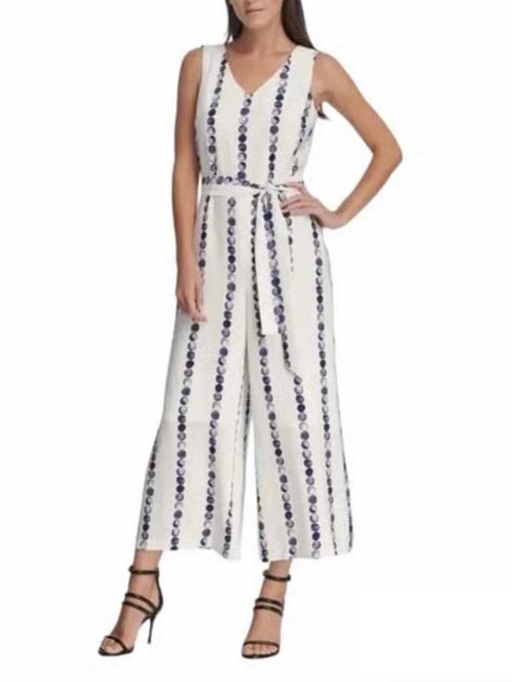 NWT DKNY White with Blue Printed Sleeveless Wide Leg Jumpsuit, Size 12